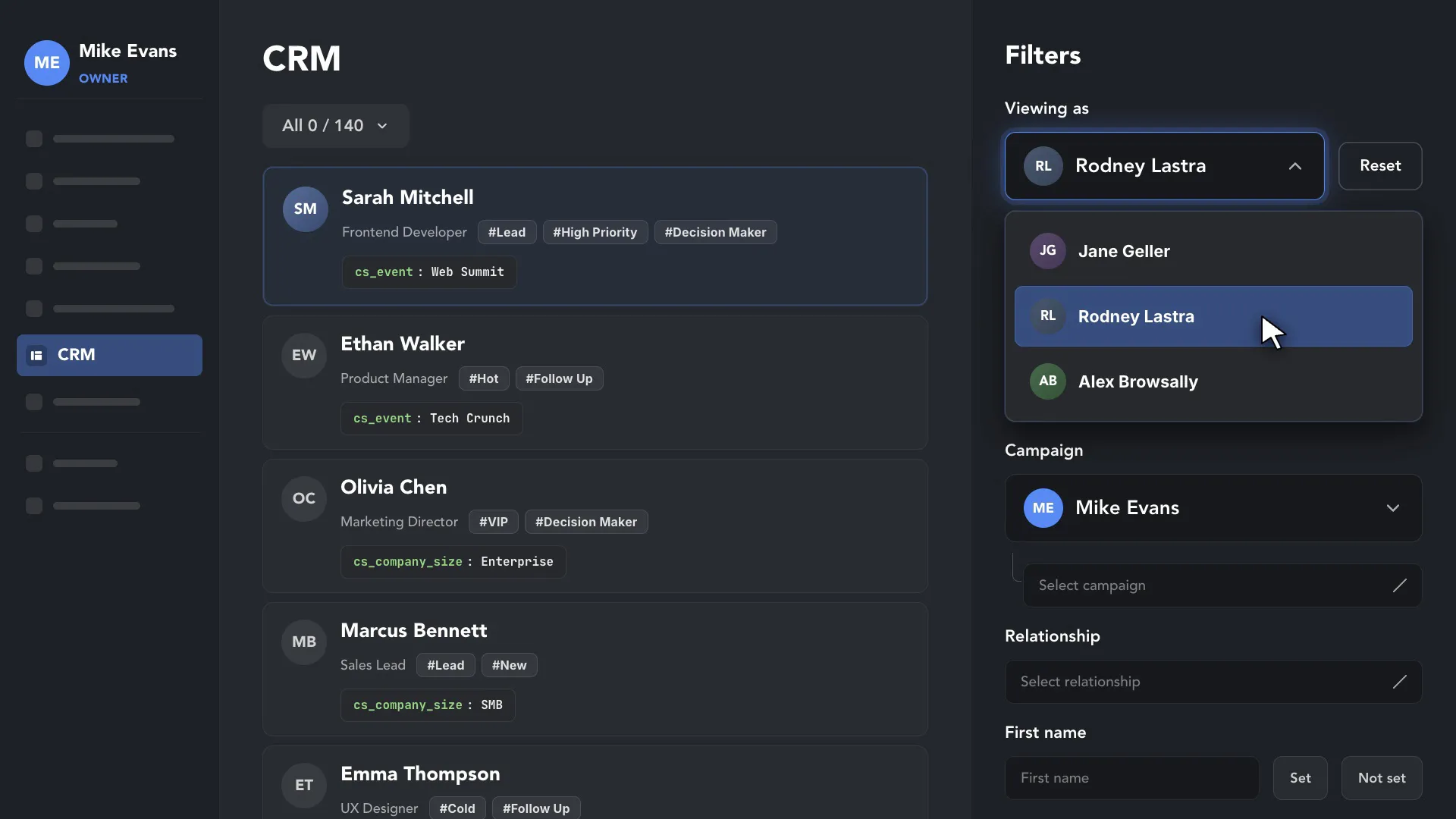 Linked Helper Cloud CRM with a Viewing as account selector and campaign filters