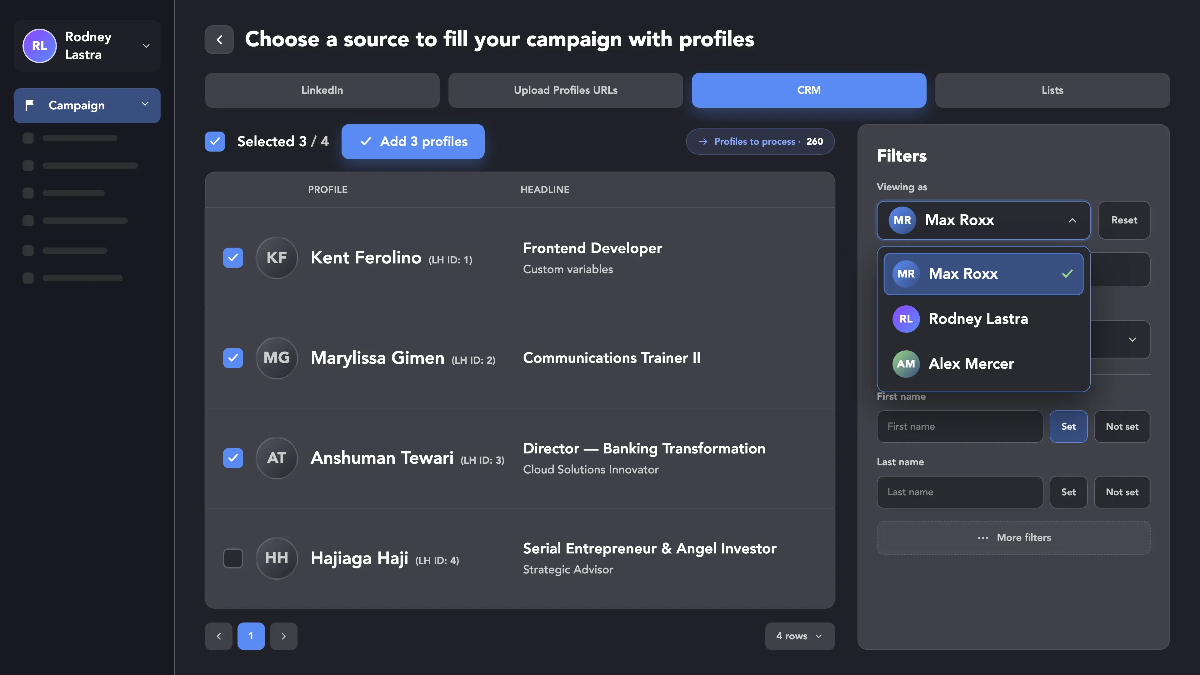 Linked Helper campaign profile picker with selected CRM leads and a multi-account filter
