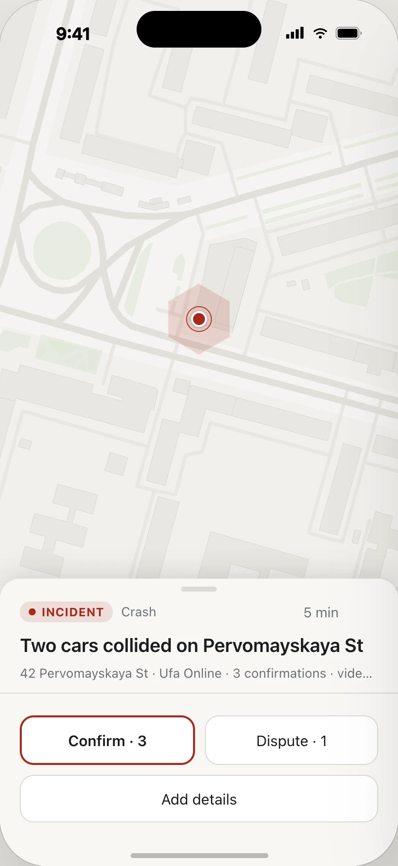 English Ryab event-card design showing a collision report, location, three confirmations and actions to confirm, dispute or add details.