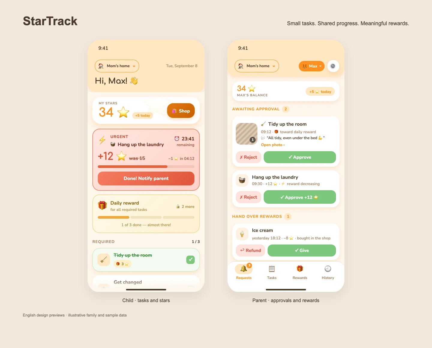 English StarTrack design previews showing child tasks and stars beside parent approvals and reward handover